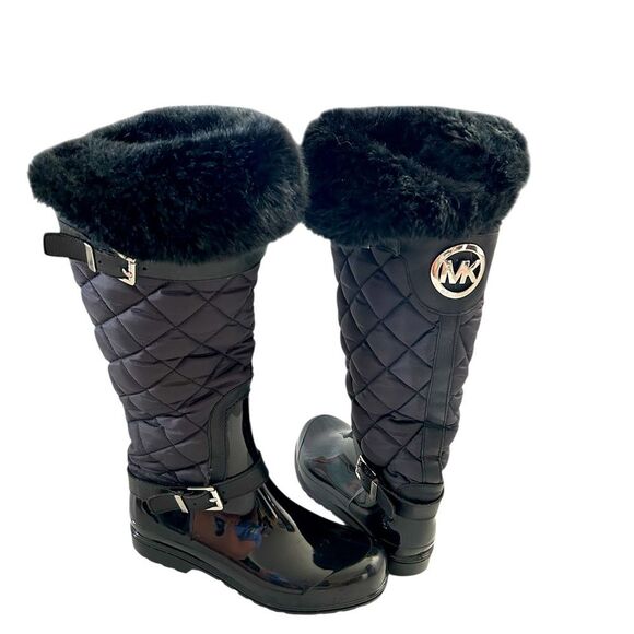 Michael Kors womens Fulton Black Quilted Fur-Trim Boots Size 8 - Picture 1 of 15